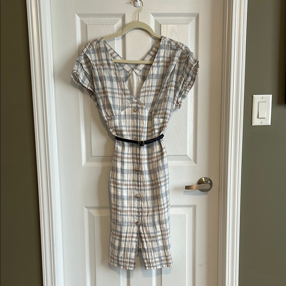 Gray and White V-Neck linen belted Midi Dress